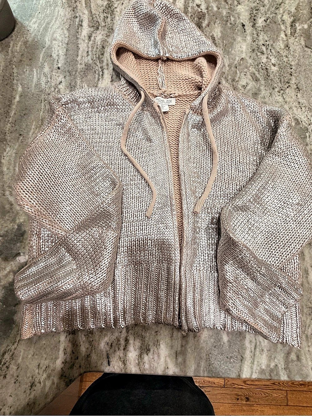 Rachel Zoe Metallic Knit Hooded full zip Sweater Size Large